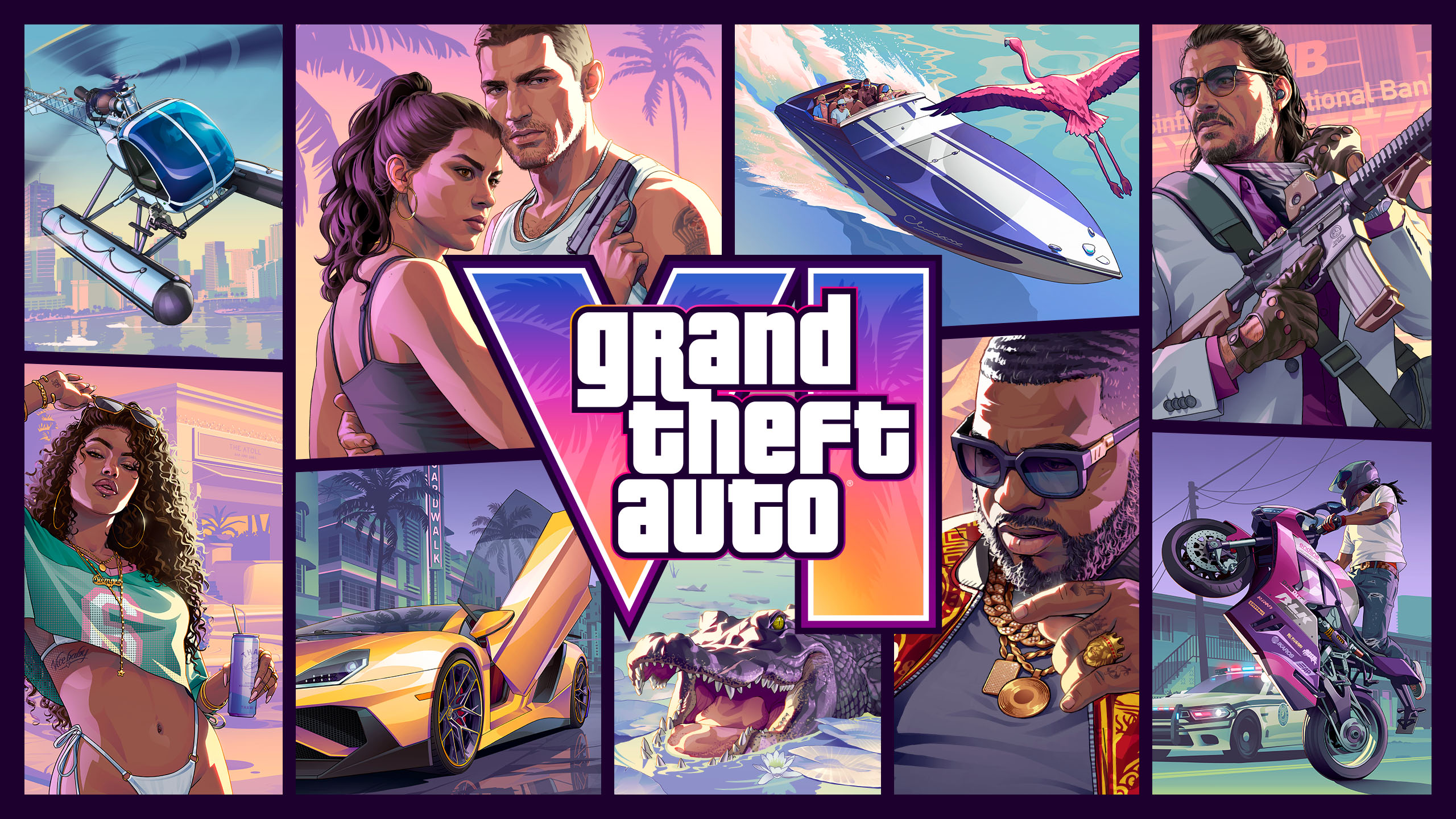 Official GTA VI illustrated collage with Jason, Lucia and Vice City